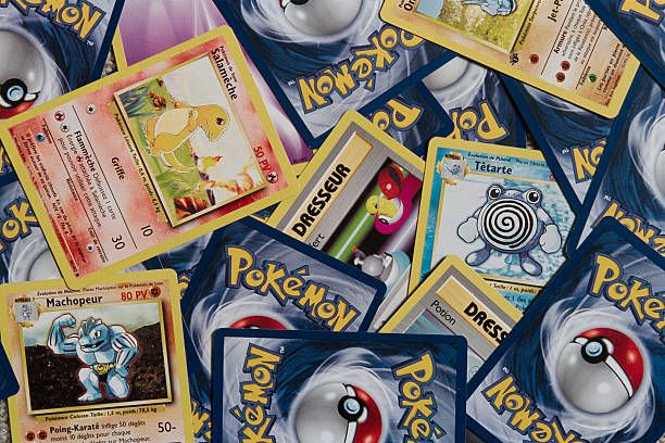 Classic Pokémon trading cards spread out